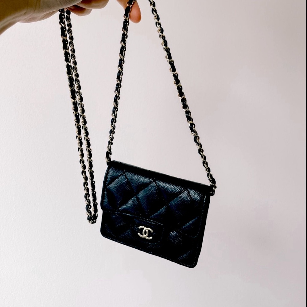 Authentic Chanel Lambskin Tri-Fold Compact Wallet with Added Chain Bag